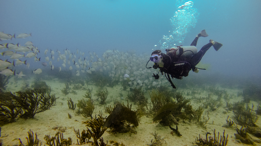 Jeniffer having fun during her Advanced Open Water Diver Course in Playa del Carmen, Mexico