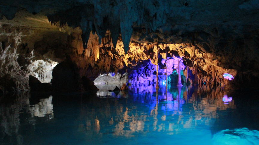 colorful lights, swimming in a cenote, snorkel
