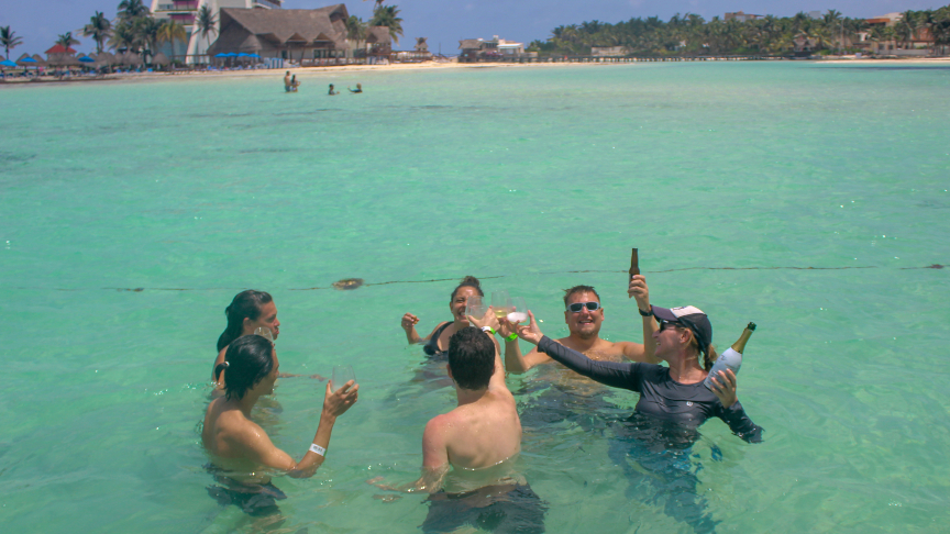 Champagne for the birthday girl, whale shark tour, playa norte, Isla mujeres, Mexico