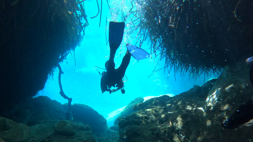 Diving to the light in Casa Cenote