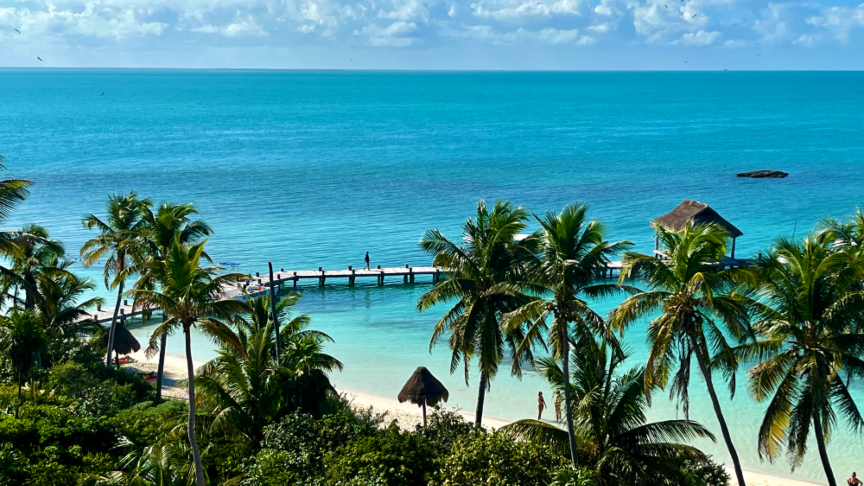 Overview of the beach and pier Isla Contoy